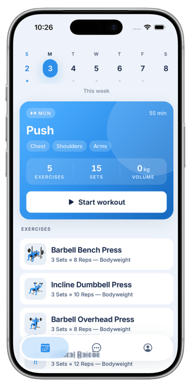 A generated GymSync training day: Push — 55 minutes, chest, shoulders and arms, five exercises