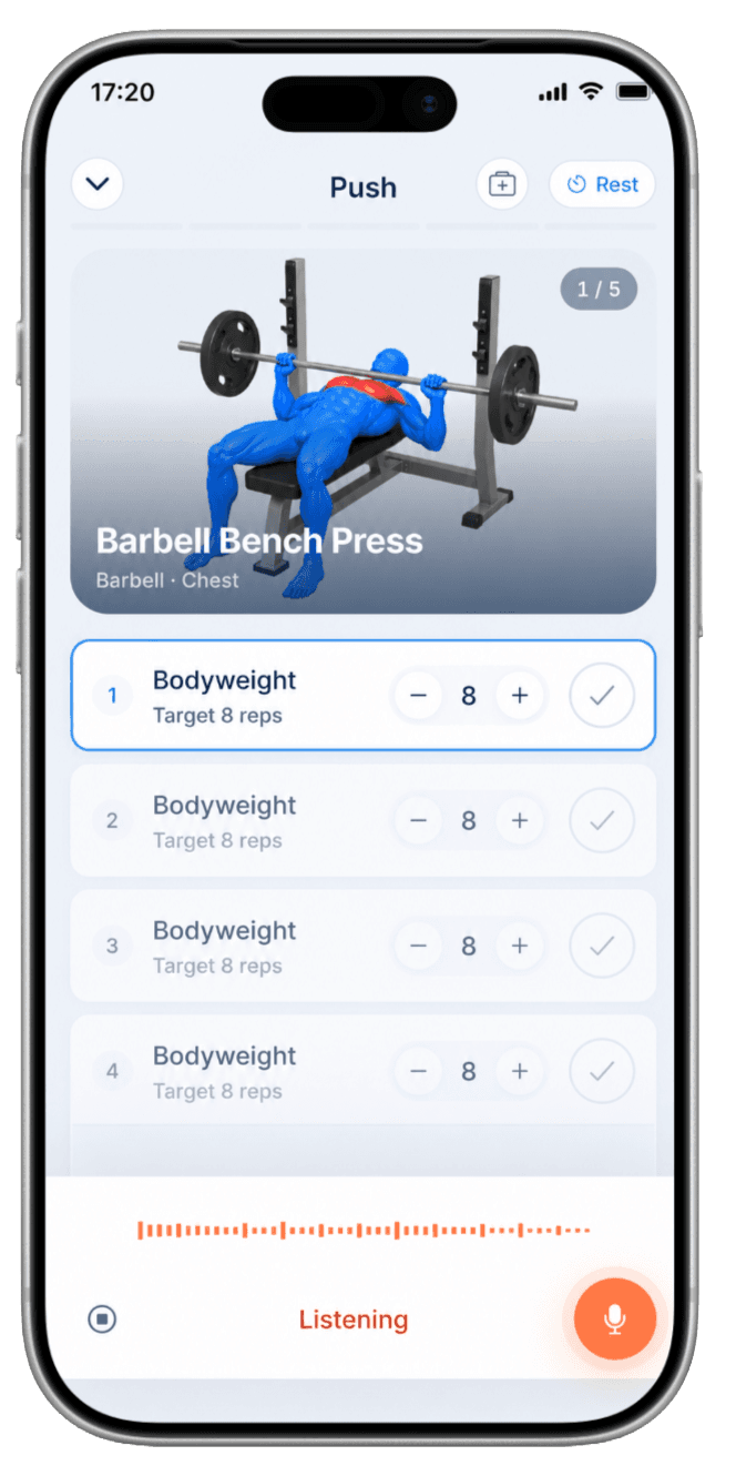 GymSync mid-workout: bench press with the mic listening and set rows filling in